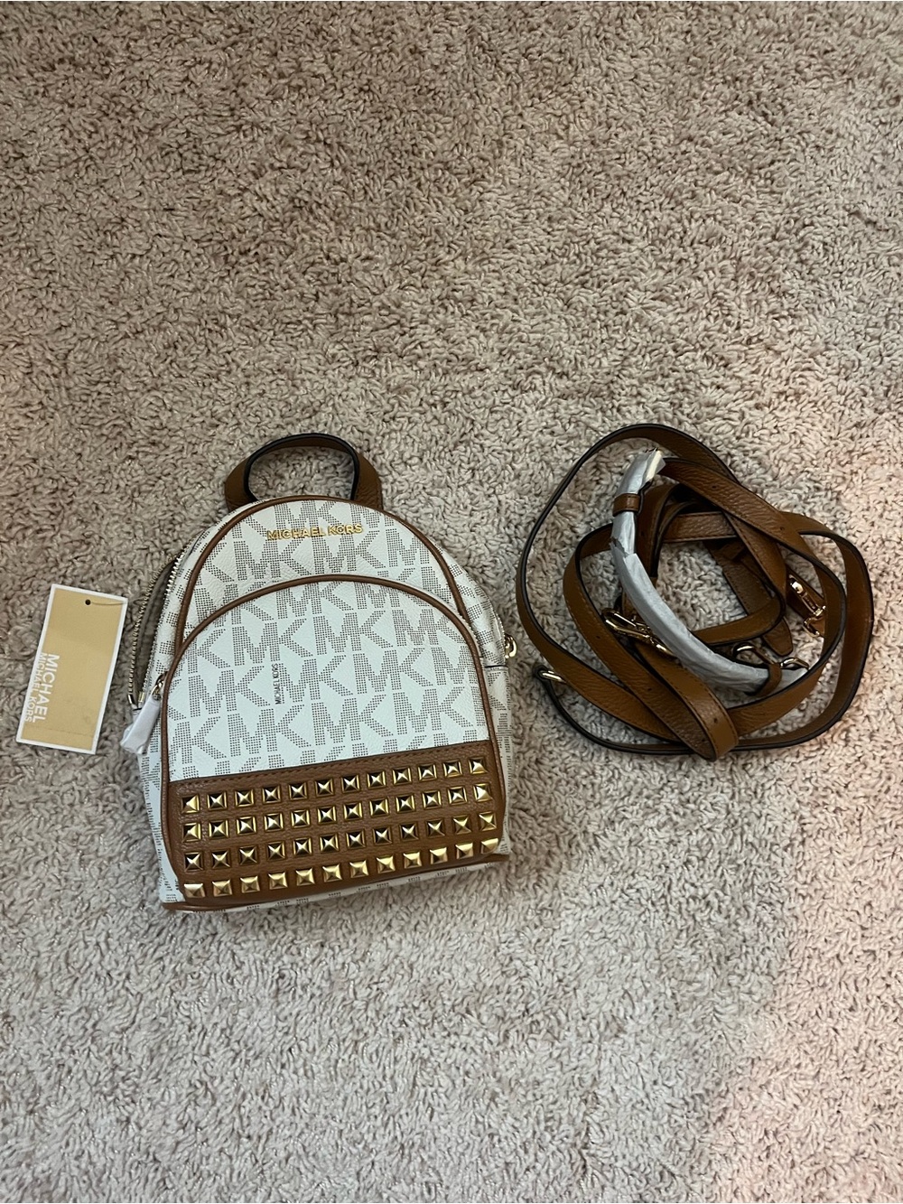 Michael Kors White/Tan MK Logo Mini Backpack with Gold Studs - Picture 1 of 4